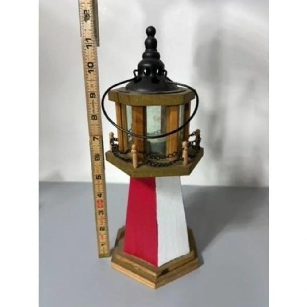 Vtg Wooden Lighthouse Candle‎ Holder Glass Panels Nautical Decor